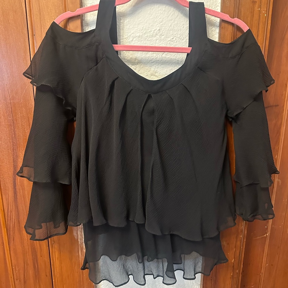 Kenar Silk Black Cold Shoulder Ruffle style 100% silk Blouse top